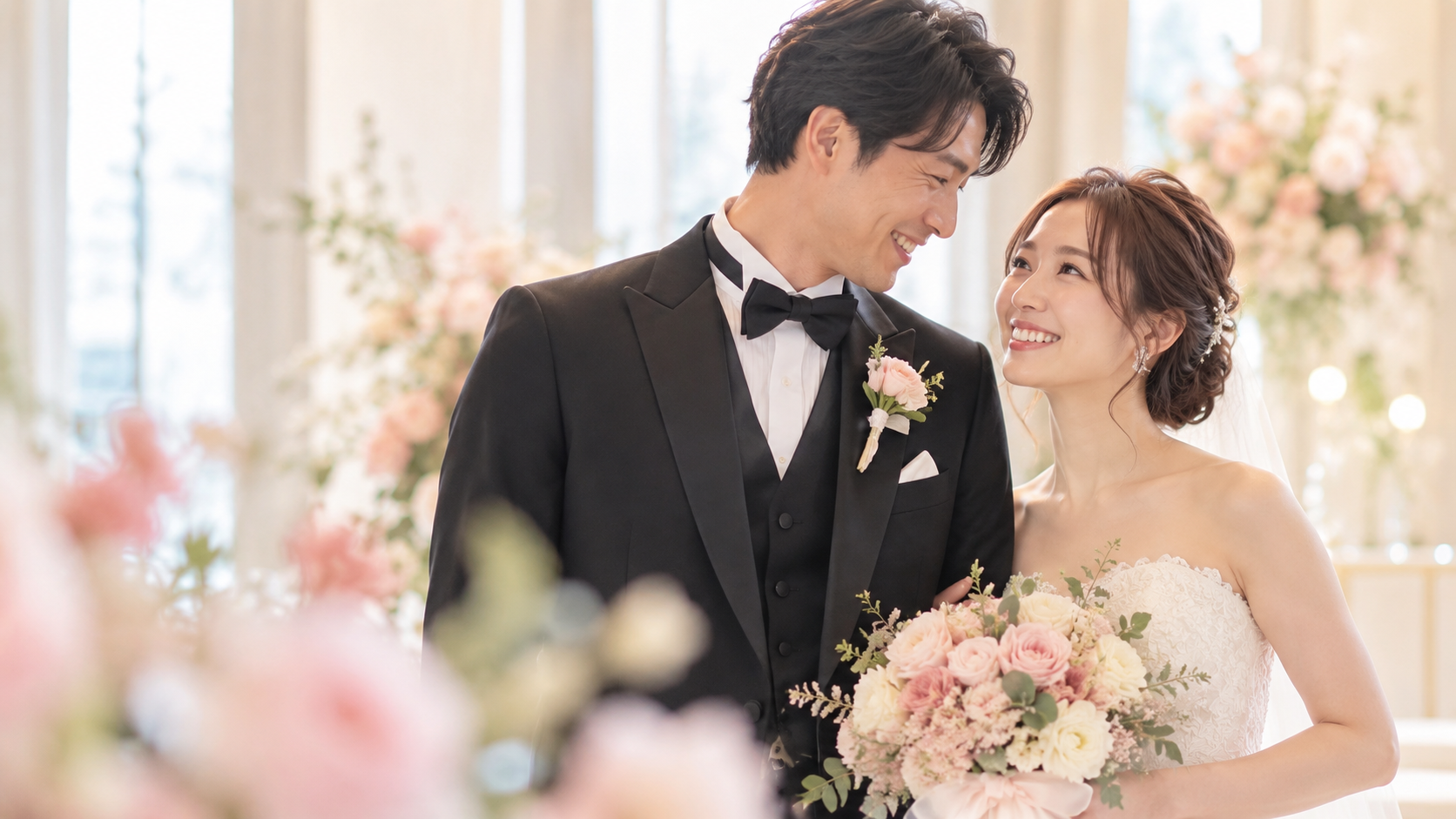 ウェディングドレスとタキシード姿で寄り添う日本人カップル